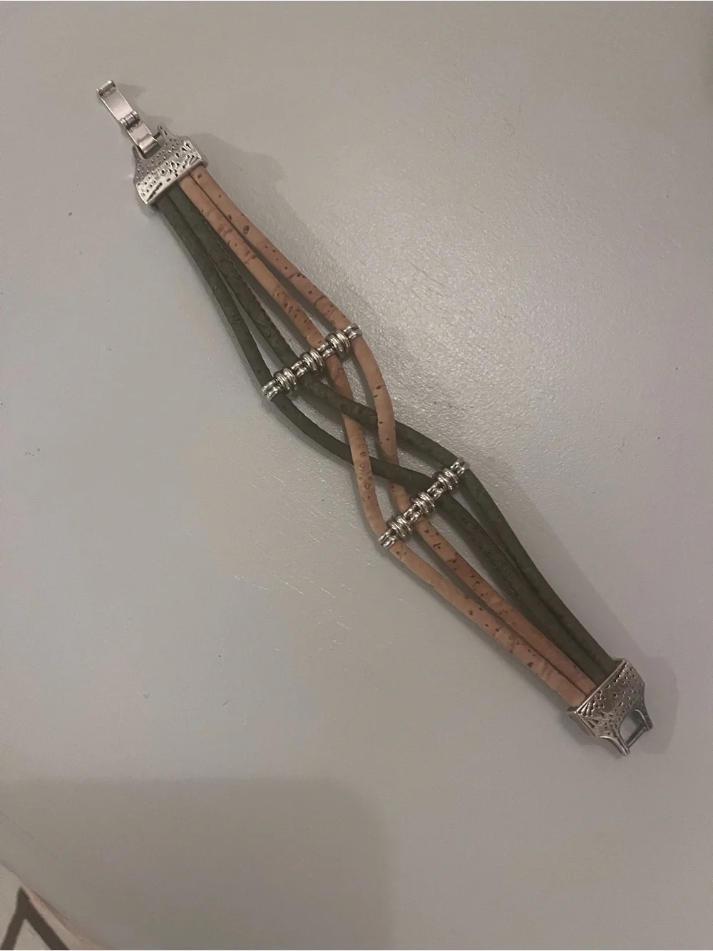 Multistrand Olive and Tan Leather Bracelet with Silver Accents